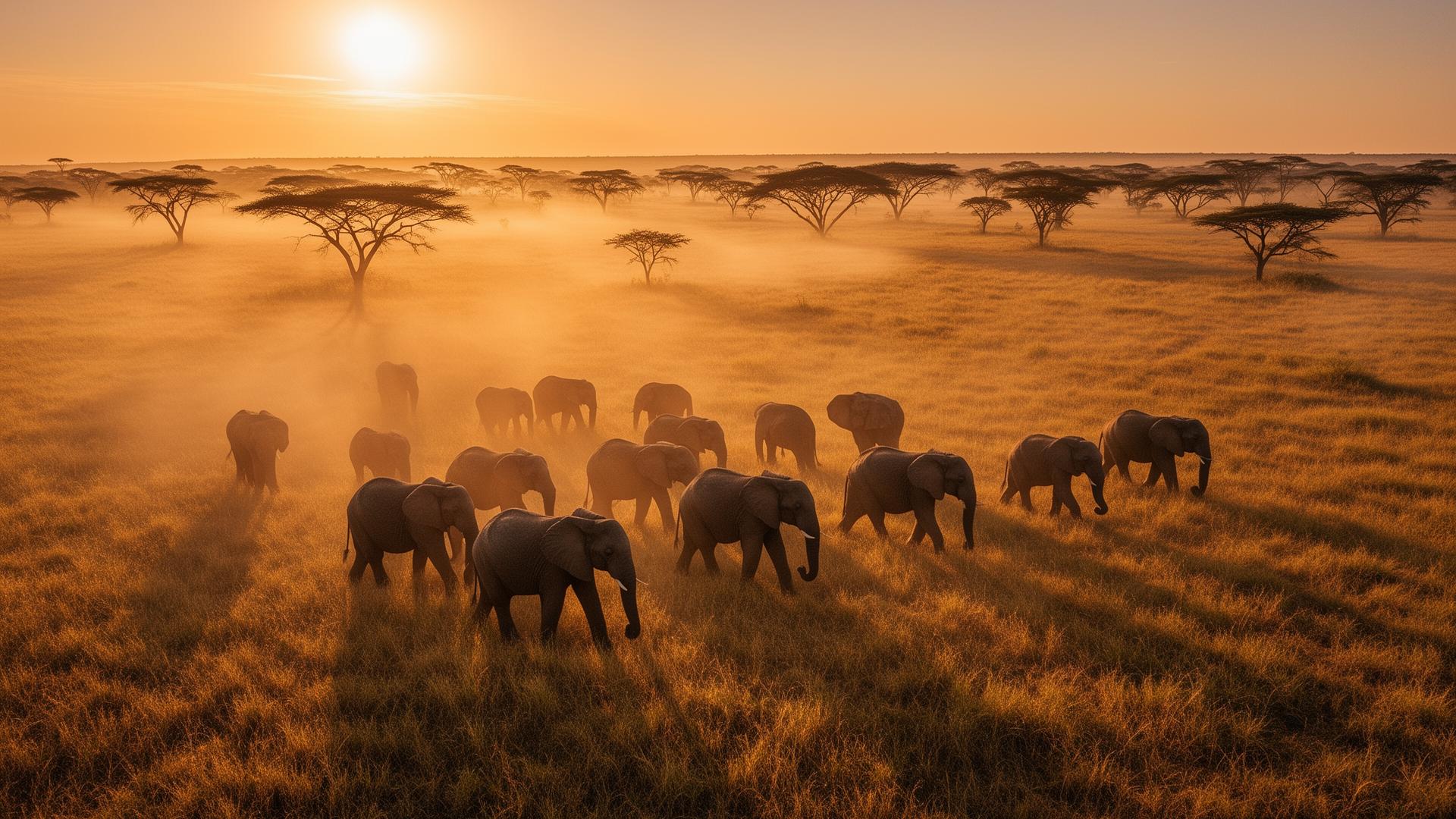Herd of elephants crossing the misty savannah at dawn