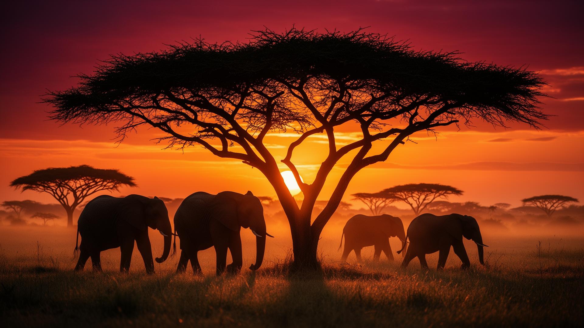 Elephants beneath an acacia tree at sunset